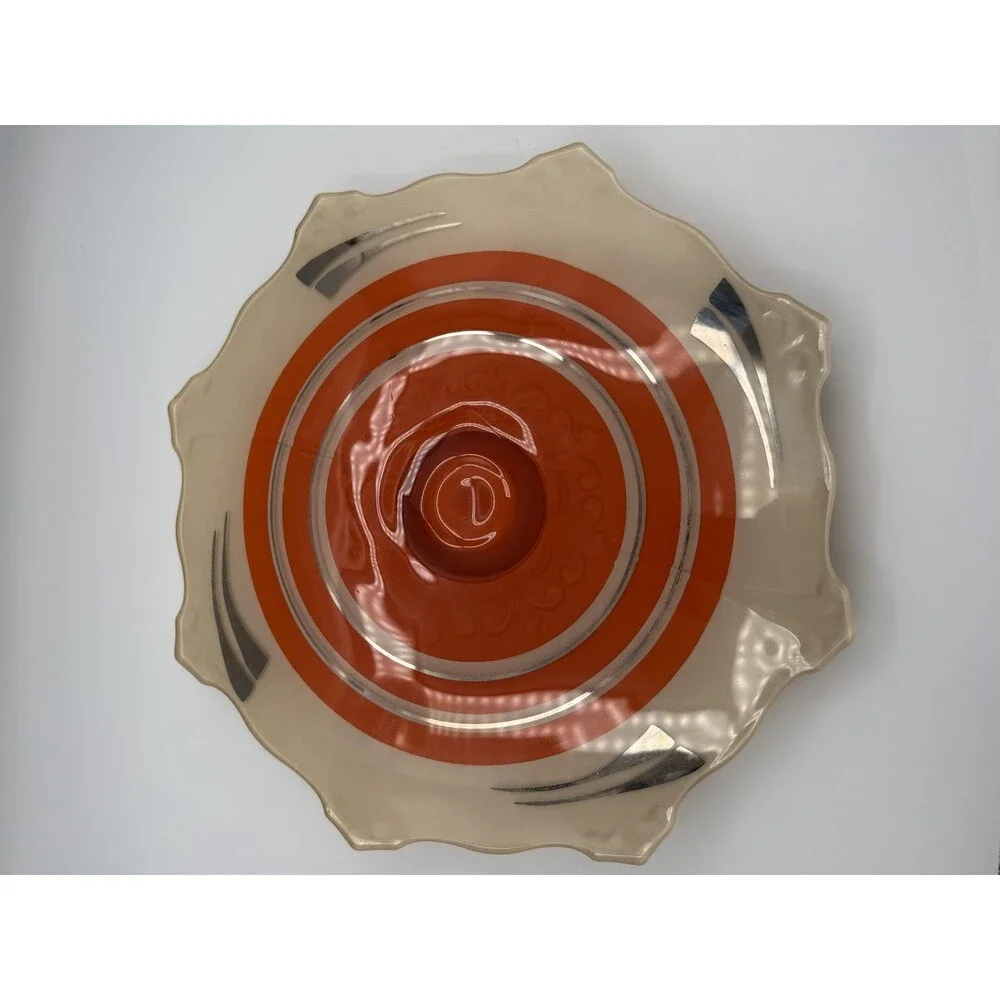 Vintage Cream Orange Silver Serving Platter/Art Deco Reverse Painted Scalloped